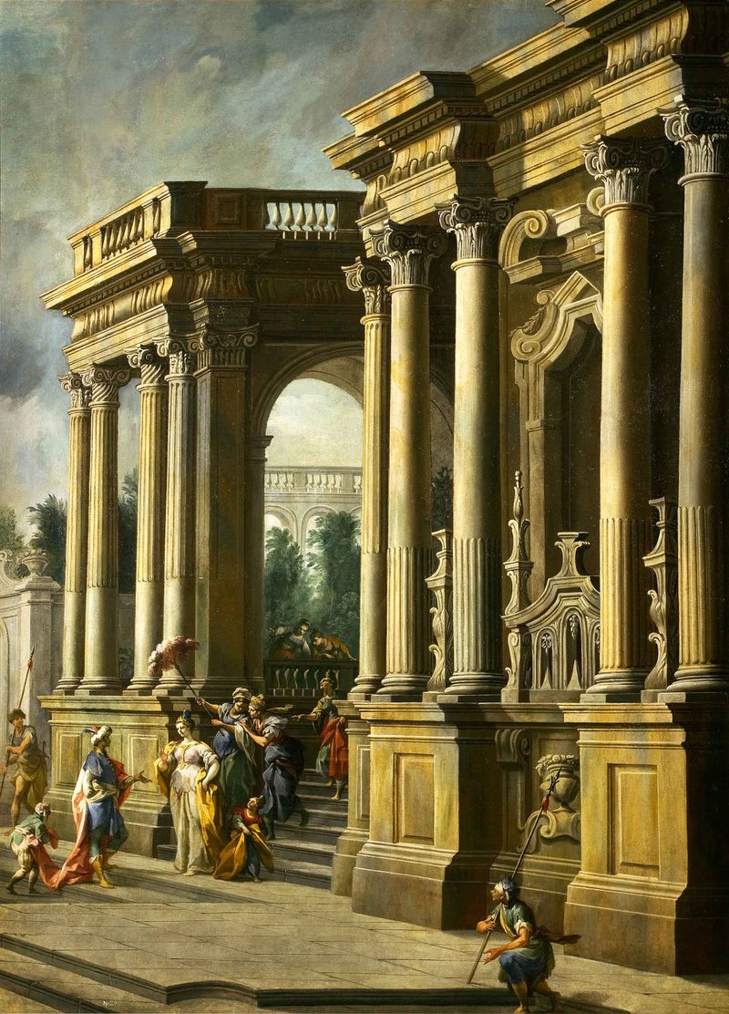 An architectural capriccio with elegant figures